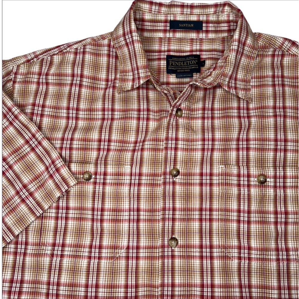 Pendleton Santiam Short Sleeve Mens Plaid Shirt Size Large Red Tan Button Up